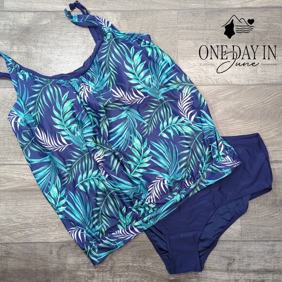 Yonique Tropical Blouson Tankini Swimsuit Size XXL - Picture 2 of 6